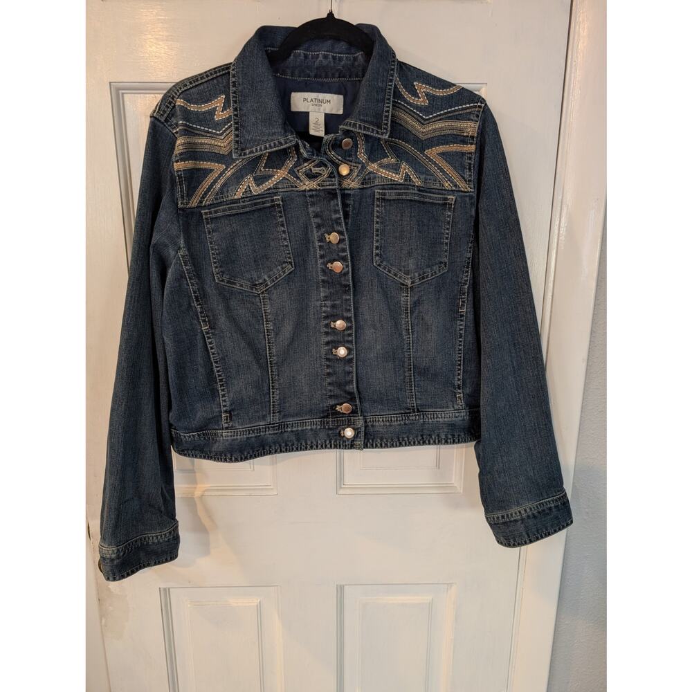 Platinum Chico's | Embellished Button Up Jean Jacket | Size 2 (L - 12)